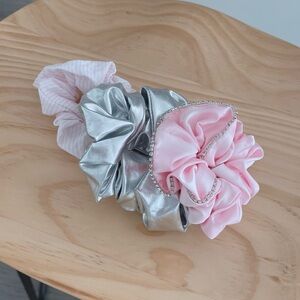Victoria's Secret Pink and Silver Scrunchie Trio